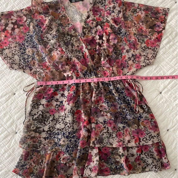 ZARA Floral Printed V-Neck Ruffle Detail Flutter Sleeve Tie Mini Dress Size S - Picture 11 of 13